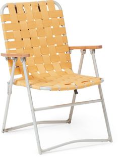 a yellow chair sitting on top of a metal frame