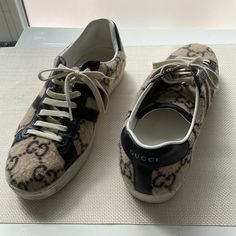 Good Condition. Worn Only A Few Times. Casual Gucci Sneakers With Leather Sole, Designer Brown Slip-on Sneakers, Gucci Designer Custom Sneakers With Contrast Sole, Gucci Custom Leather Sneakers With Laces, Gucci Custom Leather Sneakers, Gucci Designer Custom Sneakers With Rubber Sole, Gucci Luxury Custom Sneakers With Contrast Sole, Designer Gucci Custom Sneakers With Rubber Sole, Designer Brown Gucci Sneakers