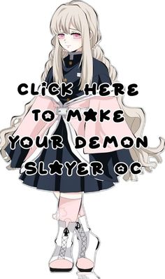 a girl with long white hair wearing a black dress and pink shoes is standing in front of the words, click here to make your demon slayer oc