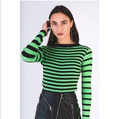 Ribbed Knit Striped Long Sleeve Sweater In Green And Black From Alice’s Lips Brand New With Tags Black And Green, Mix Stripe Skater Top With Contract Black Ribbed Neckline And Alice's Lips Logo Branding Tab. 90% Cotton & 10% Elastane. Trendy Fitted Striped Knit Top, Edgy Green Tops For Fall, Trendy Fitted Green Sweater, Ribbed Long Sleeve Sweater For Night Out, Edgy Long Sleeve Knit Tops, Green Fitted Knit Top For Fall, Fitted Green Knit Top For Fall, Trendy Striped Long Sleeve Knit Top, Trendy Long Sleeve Striped Knit Top