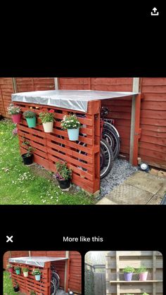 an outdoor bar made out of wooden pallets with plants growing on the top and bottom