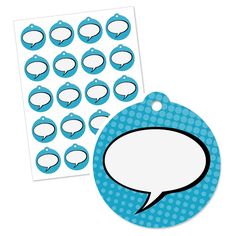 a set of blue and white speech bubbles next to a tag with circles on it