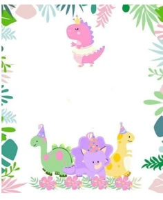 a birthday card with dinosaurs and flowers on it