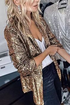 Long Sleeve Sequined Lapel Blazer – roschic Blazer Streetwear, Glitter Jacket, Sequin Coats, Blazer Casual, Casual Blazer Women, Elegant Blazers, Sequin Cardigan, Long Sleeve Sequin, Long Sleeve Blazers