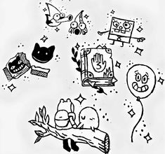 black and white drawing of cartoon characters flying in the air with balloons, books, and other items