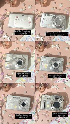 several different types of cameras on a pink background