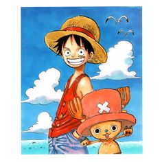 a drawing of one piece and his dog on the beach