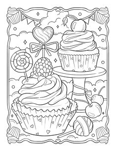 a coloring page with cupcakes and candy