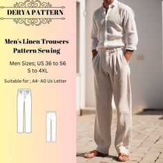 men's linen trouser sewing pattern for men sizes us 36 to 56