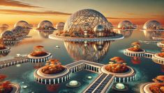 an artist's rendering of a futuristic city surrounded by water and floating structures with trees