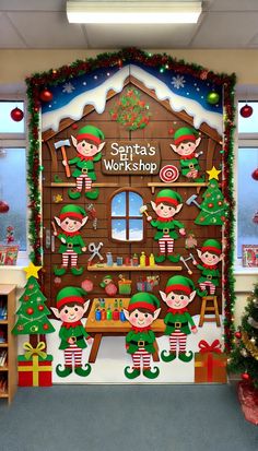 17+ Festive Christmas Classroom Door Decorating Ideas to Spread Holiday Cheer 🎄✨ Christmas Office Theme Decorations, Santa Workshop School Hallway, Elves At Work Door Decoration, Elf Theme Office Decorations, Kindergarten Christmas Classroom Decor, Elf Cubicle Christmas Decorations, Grinch Themed Doors For School, Christmas Theme Ideas For Office, Elf Classroom Decorations