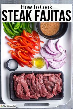 Steak fajitas ingredients on white tray. Title: How To Cook Steak Fajitas. Steak Fajita Recipe Skillets, Tender Flank Steak Recipes, Crockpot Fajitas Steak, Crockpot Steak Fajitas, Steak Fajitas Skillet, Steak Fajitas Recipe, Steak Fajita Bowl, Grilling Sirloin Steak, Fajita Bake Recipe