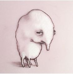 a drawing of a sheep with its head in the ground and it's face to the side