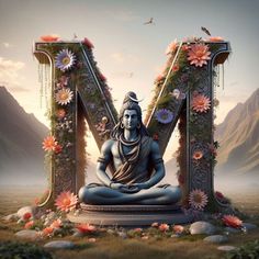 the letter m is made up of flowers and an image of a buddha sitting in front of it