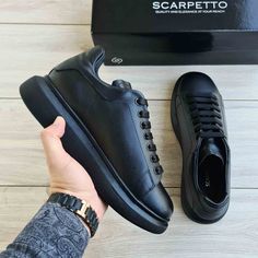 Matte Black Genuine Leather Sneakers | Platform High Sole Rubber Shoe, Cooler Style, Sneakers Platform, Rubber Shoes, Handmade Lace, Sheep Leather, Genuine Leather Shoes, Black Sneakers, Platform Sneakers