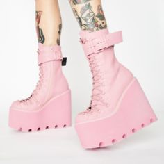 Sugar Thrillz Bubblegum Traitor Boots Cuz You’re Sweet But Deadly, Bb! Flip Your Perfectly Manicured Middle Finger At ‘Em In These Cute Af Wedge Platform Boots That Have A Candy Coated Vegan Leather Construction, Adjustable D-Ring Lace-Ups, Detachable Ankle Wrap Buckle Straps, And Side Zip Closures To Make It Clear You’re The Queen Of Sass. Tiny Dent And Little Stain That Is Not Very Noticeable Winx Cosplay, Dolls Kill Shoes, Goth Shoes, Pastel Goth Fashion, Kawaii Shoes, Sugar Thrillz, Aesthetic Shoes, Pretty Shoes, Dream Shoes