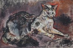 a painting of a cat sitting on the ground