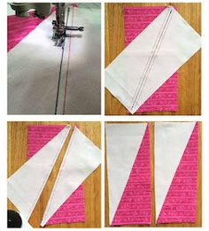 four pictures showing how to make a quilt block with the sewing machine and fabric strips