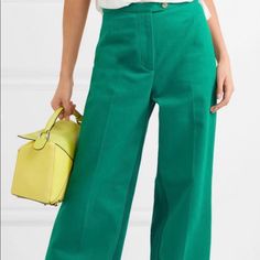 Gorgeous Cotton Twill Acne Pants. Beautiful Stitching And Fit. Mid Rise, Wide Leg Trouser. Never Worn. Unfortunately, The Button Is Missing... But That’s An Easy Fix With Your Dry Cleaner. Significantly Marked Down Due To The Inconvenience. Perfect Condition. Size 36. Green Cotton Wide Leg Work Pants, Green Cotton Wide Leg Pants For Work, Chic Green Cotton Pants, Green Wide Leg Bottoms For Office, Green Wide Leg Office Bottoms, Green Workwear Bottoms With Buttons, Green High-waisted Pants With Button Closure, Green High-waisted Pants With Buttons, Green Buttoned Workwear Bottoms