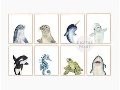 four different pictures of sea animals in watercolor on white paper with the words digital print