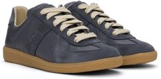 Low-top paneled buffed nappa calfskin and suede sneakers in navy. · Lace-up closure · Suede logo patch at padded tongue · Padded collar · Signature white stitching at heel tab · Grained calfskin and canvas lining · Textured crepe rubber midsole · Treaded rubber sole Supplier color: Pewter Replica Sneakers, Suede Sneakers, Gum, Lace Up, Navy, Sneakers