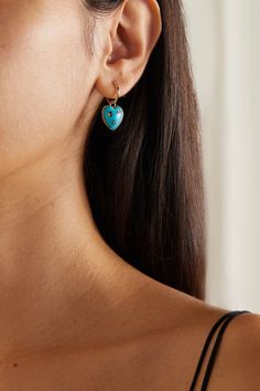 Storrow's founder Jennifer Koche says her jewelry is inspired by her collection of unique family heirlooms. These 'Anne Huggie' earrings are made from polished 14-karat gold and strung with heart-shaped turquoise drops dotted with bezel-set diamonds and a gilded star. Everyday Turquoise Hoop Earrings, Luxury Turquoise Hoop Jewelry, Luxury Turquoise Hoop Earrings, Turquoise Huggie Earrings, Luxury Turquoise Pierced Earrings, Turquoise Earrings Gold, Turquoise Hoops, Turquoise Hoop Earrings, Gold Pearl Earrings