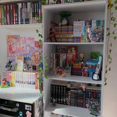 a book shelf filled with lots of books next to a wall covered in cartoon characters