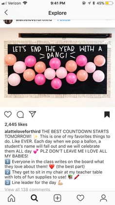 an instagramted photo with balloons on the wall and text that reads, let's end the year with a dance