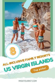 three kids and an adult on the beach with text overlay that reads 8 all - inclusive family resort's us virgin islands top picks