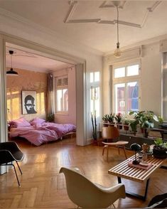 a living room filled with furniture and lots of windows next to a wooden floor covered in potted plants