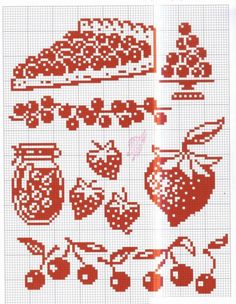 cross stitch pattern with cherries, berries and jars on the page in red color