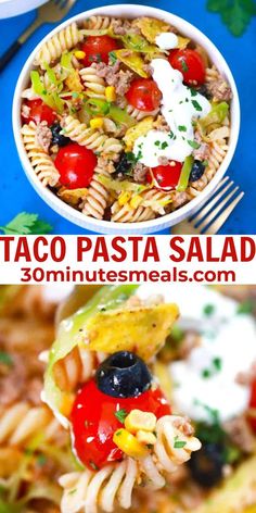 taco pasta salad with tomatoes, corn and black olives