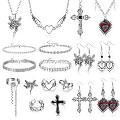 PRICES MAY VARY. 【❂18PCS PUNK JEWELRY SET】❂：The punk grunge set includes 4 pairs of goth chain necklace,which include various elements such as ruby cross heart butterfly pentagram,4 pairs of y2k vintage dangle earrings, 6 punk adjustable knuckle rings, and 4 punk chain silver bracelets. This vintage y2k necklace rings jewelry set combines the current popular fashion elements, multiple gothic style shapes to meet your daily outfit. 【✟HIGH-QUALITY MATERIAL】✟:The aesthetic jewelry punk set are made Y2k Grunge Jewelry, Goth Amazon Finds, Goth Punk Outfits, 2000s Accessories, Alt Jewelry, Alt Accessories, Jewelry Grunge, Rings Gothic, Emo Jewelry