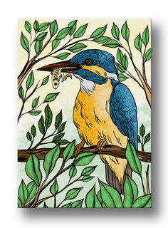 a painting of a bird on a branch with leaves around it's neck and mouth