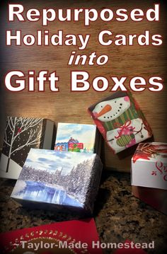 some holiday cards are sitting on top of a table with the words repurposed holiday cards into gift boxes