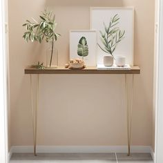 a table with plants and pictures on it