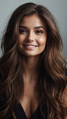 a woman with long brown hair smiling at the camera and wearing a black top,