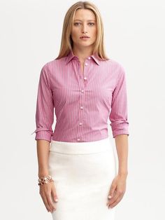 Banana Republic's Fitted Non-iron Multi-stripe Shirt $59.50 Br Logo, Purple Fits, Stripe Shirt, Banana Republic Women, Wrinkle Free, Striped Shirt, Piping, Cranberry, Banana Republic