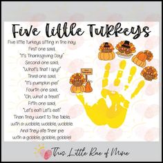 a hand print with the words five little turkeys written in yellow and black on it