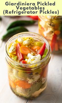 there is a jar with pickled vegetables in it and the words, garden pickled refrigerator pickles