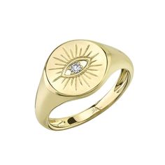 0.03CT 14K Y/G DIAMOND EYE SIGNET RING All Shy Creation items are hand set and all stones are natural and hand-picked. Each piece is unique and you can expect slight variations in the shade, hue, and tint of the color stones. Metal Type: 14K Yellow Gold Metal Weight: 3.6 Gr. Side Stone Shape: Round Side Stone Weight: 0.03 Ct. Dimensions: 0.45" Width / 0" Height / 0" Length Other Information: 0.45"W Kate Collection SKU: SC55021185 Diamond Evil Eye, Diamond Fashion Rings, Studded Necklace, Diamond Eyes, Gold Cocktail, Eternity Band Ring, Gold Eyes, Eye Ring, Signet Ring