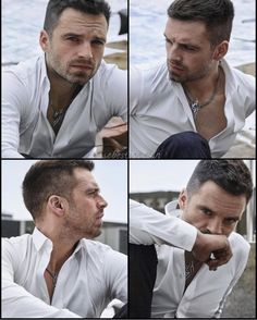 four different shots of a man in white shirt