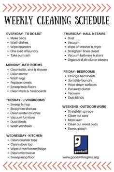 the weekly cleaning schedule is shown here