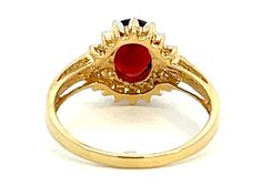 Item Specifications:Metal: 14K Yellow GoldStyle: Statement RingRing Size: 9.5 (resizing available for a fee)Total Weight: 4.3 GramsGemstone Specifications:Gemstones: 1 red oval garnetDiamond Color: H-IDiamond Clarity: SI2-I1Diamond Count: 6 single cutCondition: Preowned, ExcellentStamped: "14K" Oval Red Birthstone Ring In 14k Gold, Red Oval Hallmarked Birthstone Ring, Red Oval Birthstone Ring Hallmarked, Garnet And Diamond Ring, Gold Style, Deep Red, Statement Rings, Garnet, Diamond Ring