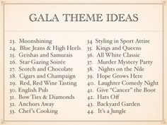 gala theme ideas list with the names and dates