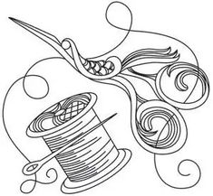 a black and white drawing of scissors and thread