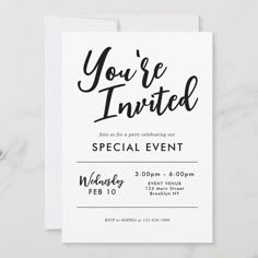 a white and black party card with the words you're invited written on it