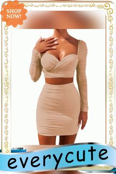 Khaki Long Sleeve Smocked Crop Top with Skirt Set Chic Fitted Skirt With Smocked Bodice, Fitted Mini Skirt With Smocked Bodice For Spring, Fitted Mini Skirt With Smocked Bodice, Crop Top With Skirt, Top With Skirt, Crop Top Skirt, Women Set, Smocking, Skirt Set