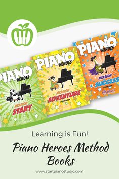 three children's books with the title learning is fun piano hero method books