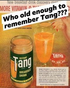 an advertisement for tang orange juice with a woman holding a spoon in front of it